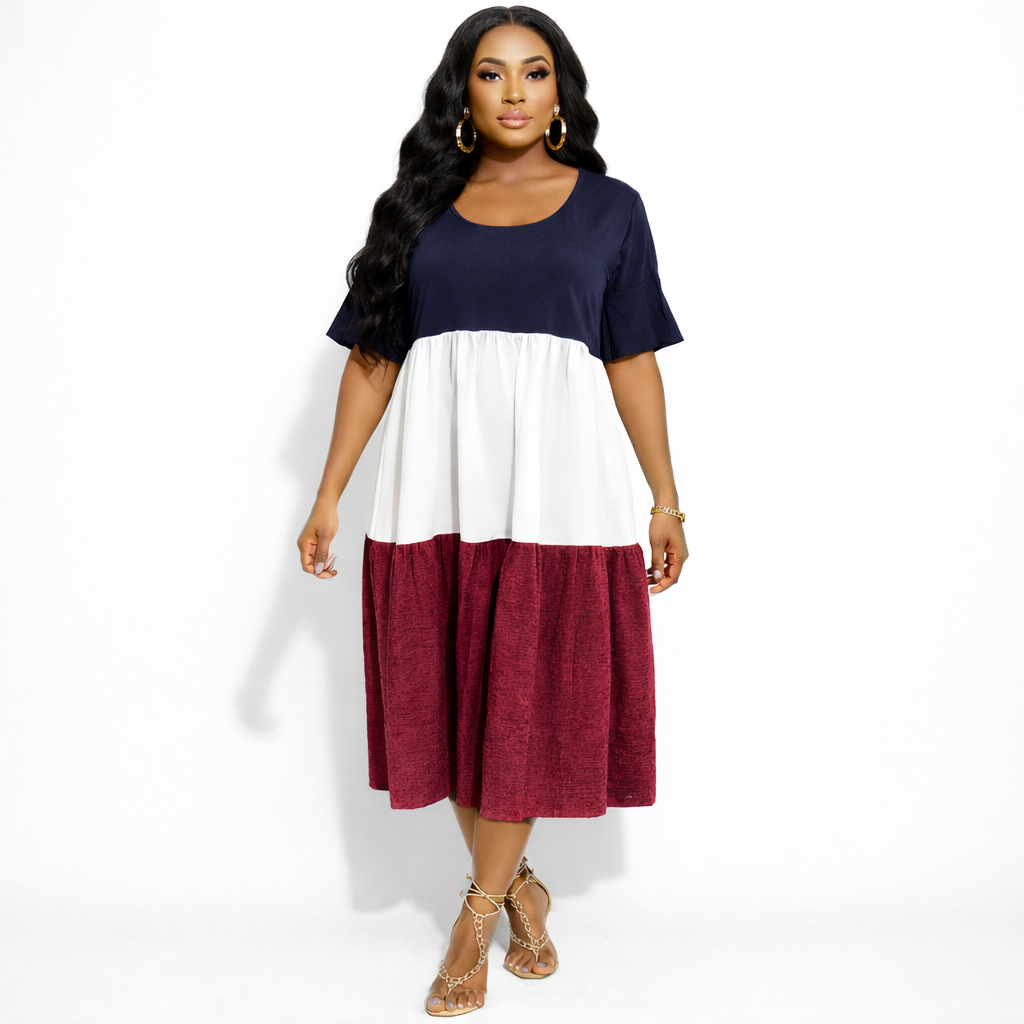 Colorblock Tiered Midi Dress with Ruffle Sleeves